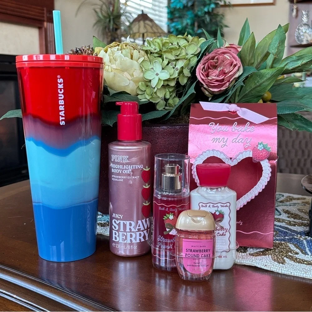 Brand New Starbucks Tumbler Cup Strawberry Bath & Body Works Set PINK Body Oil